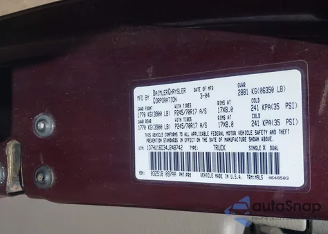 2004 Dodge Ram 1500 Slt/Laramie из США, поврежденный, VIN 1D7HU16D34J248742